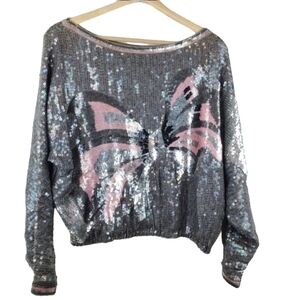 VINTAGE Sequin Top Medium Iridescent Silk Dolman‎ Sleeves Wide Neck Rare Bow
